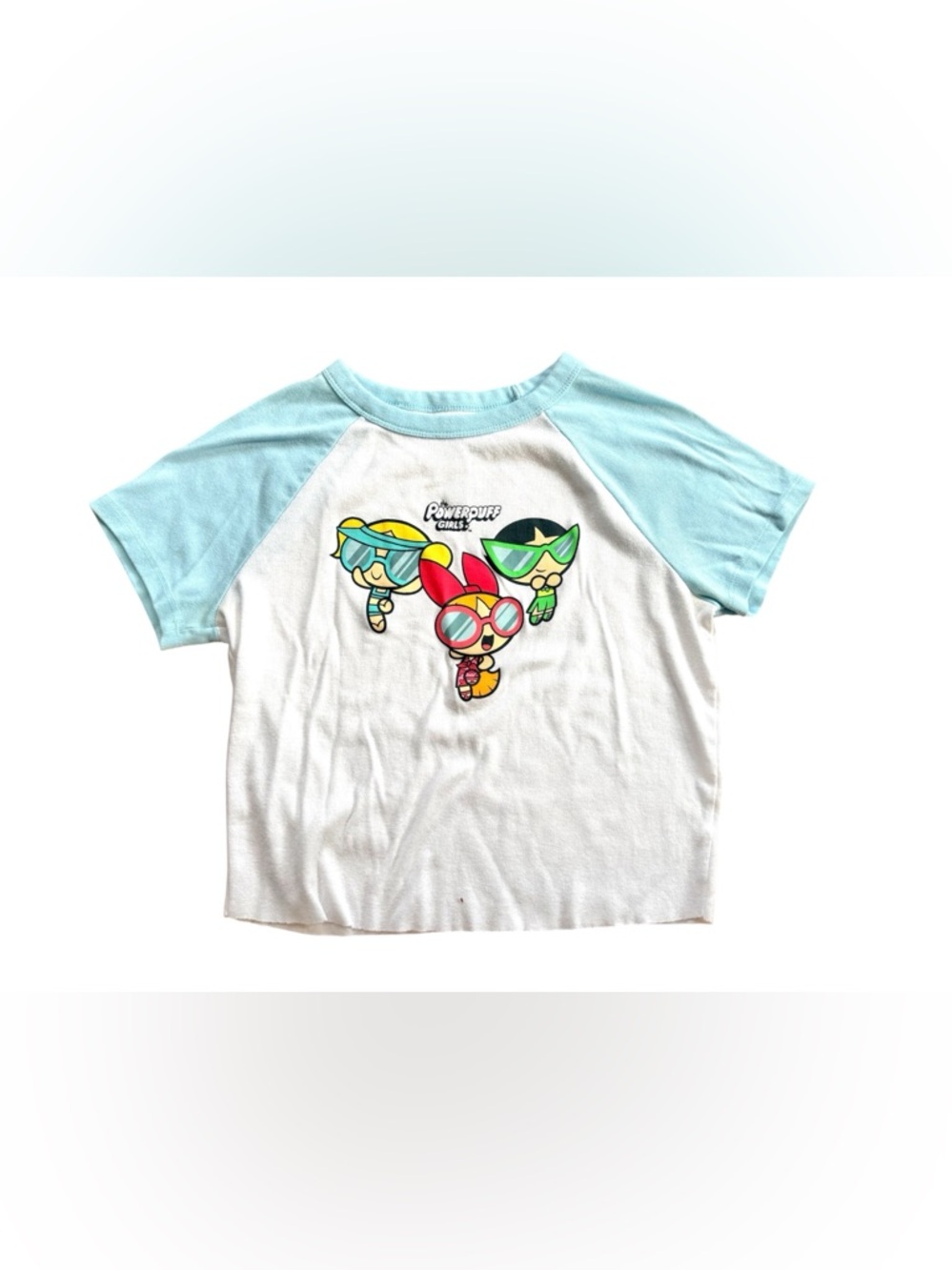Cartoon Network The Powerpuff Girls Top Graphic T Shirt Large White Blue Crop